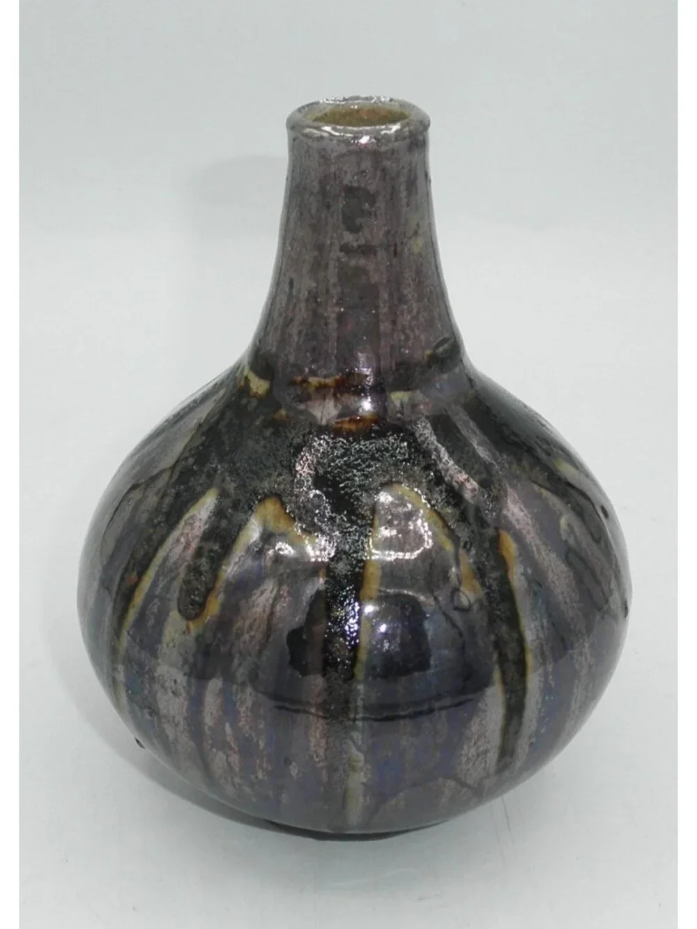Laszlo Steiner MCM Art Pottery Single Bloom Vase Iridescent Drip Glaze Signed